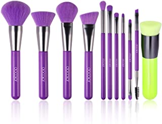 Docolor Neon Purple Makeup Brushes + Neon Green Flat Top Kabuki Foundation Brush Premium Synthetic Kabuki Foundation Brush Blending Face Powder Blush Concealers Eye Shadows Makeup Brush Set